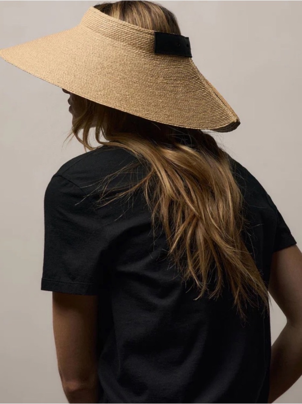 Janessa Leone Birdie Visor Sun Hat Natural Raffia Visor with Black Leather Trim - Picture 4 of 9